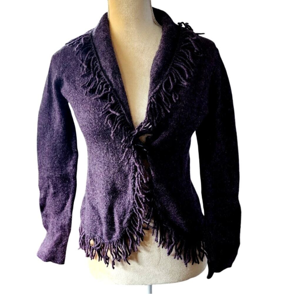 Susan Bristol Wool Blend Fringe Hem Cardigan Sweater Size Small